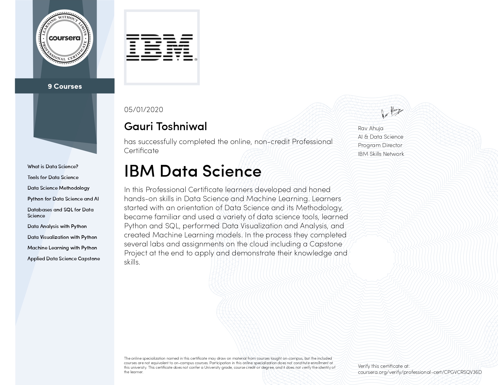 Data Science Specialization Certificate